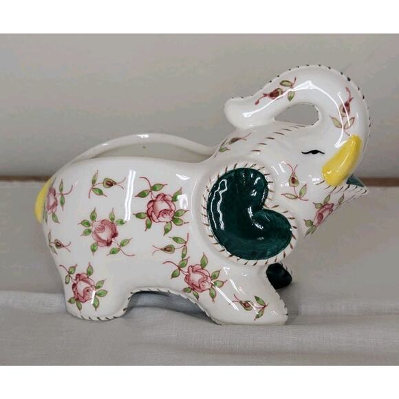 Vintage Lefton Ceramic Pottery Floral Patchwork Elephant Planter Roses Japanese - Picture 1 of 10